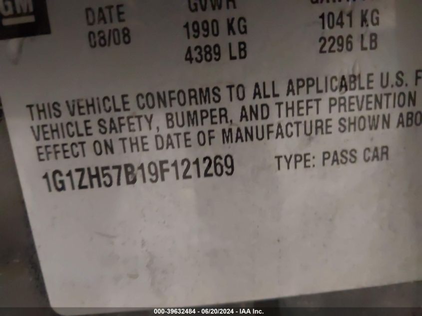 2009 Chevrolet Malibu Lt VIN: 1G1ZH57B19F121269 Lot: 39632484