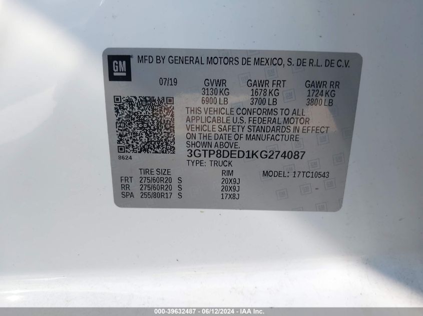 2019 GMC Sierra 1500 Slt VIN: 3GTP8DED1KG274087 Lot: 39632487