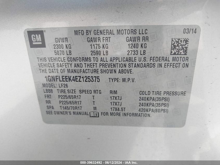 2014 Chevrolet Equinox Ls VIN: 1GNFLEEK4EZ125375 Lot: 39632492