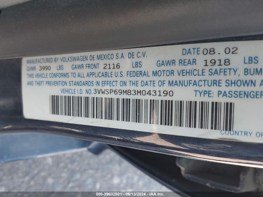 2003 Volkswagen Jetta Gls Tdi VIN: 3VWSP69M83M043190 Lot: 39632501