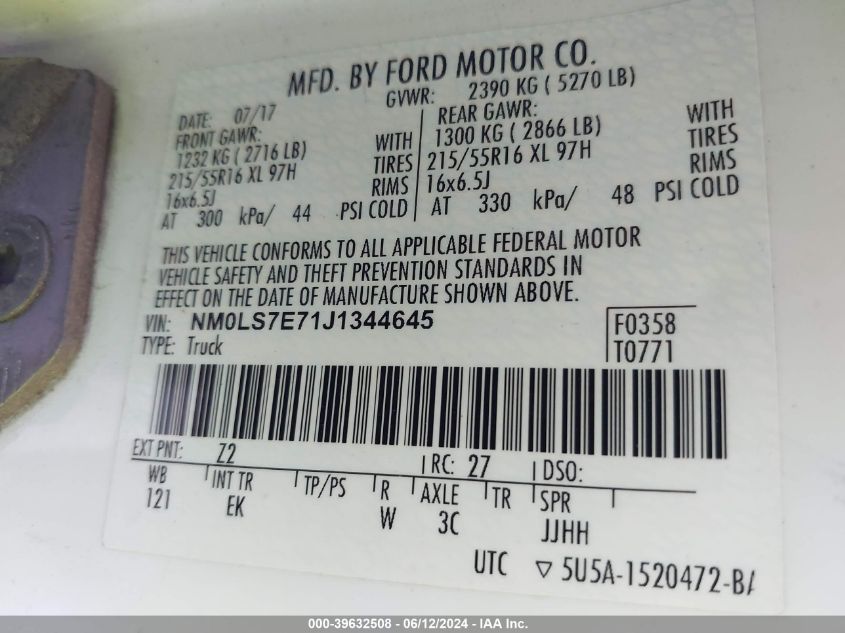 2018 Ford Transit Connect Xl VIN: NM0LS7E71J1344645 Lot: 39632508