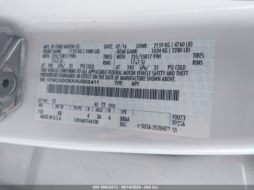 2017 Ford Escape Se VIN: 1FMCU0G9XHUB05411 Lot: 39632512