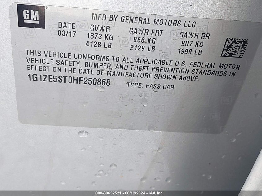 2017 Chevrolet Malibu 1Lt VIN: 1G1ZE5ST0HF250868 Lot: 39632521