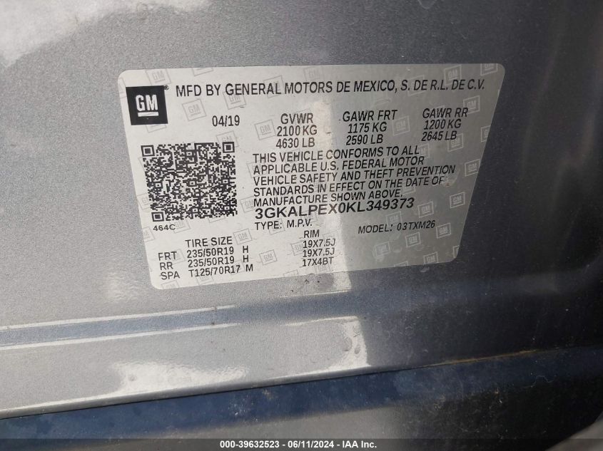 2019 GMC Terrain Slt VIN: 3GKALPEX0KL349373 Lot: 39632523