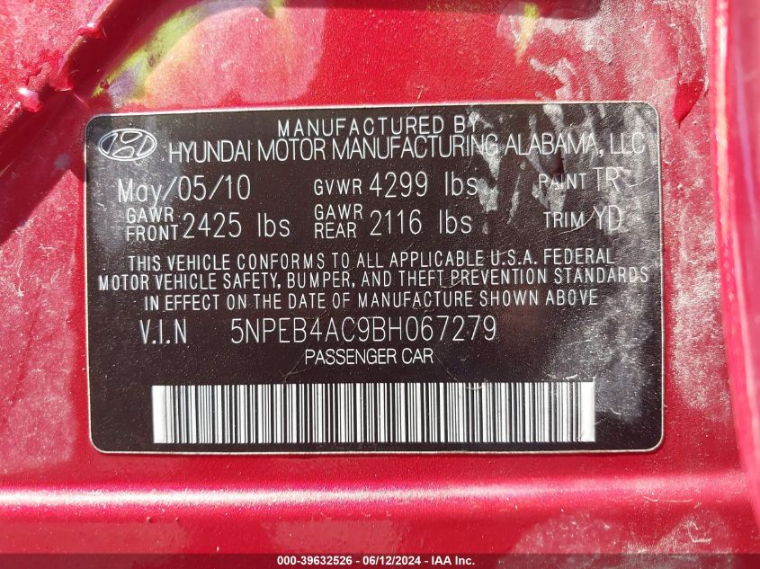 5NPEB4AC9BH067279 2011 Hyundai Sonata Gls