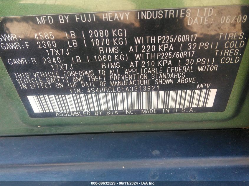 2010 Subaru Outback 2.5I Limited VIN: 4S4BRCLC5A3313921 Lot: 39632529