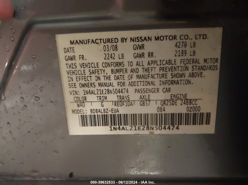 2008 Nissan Altima 2.5 S VIN: 1N4AL21E28N504474 Lot: 39632533