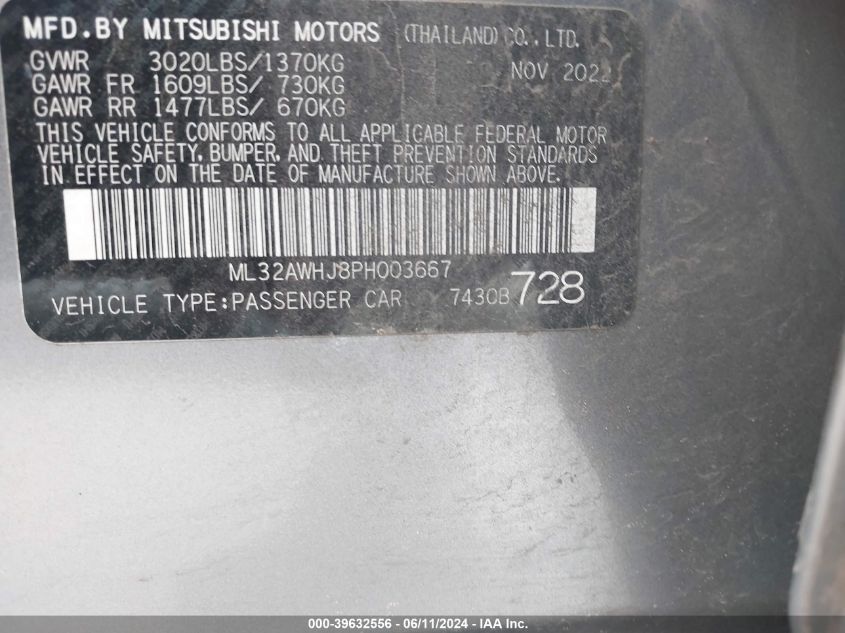 2023 Mitsubishi Mirage Se VIN: ML32AWHJ8PH003667 Lot: 39632556