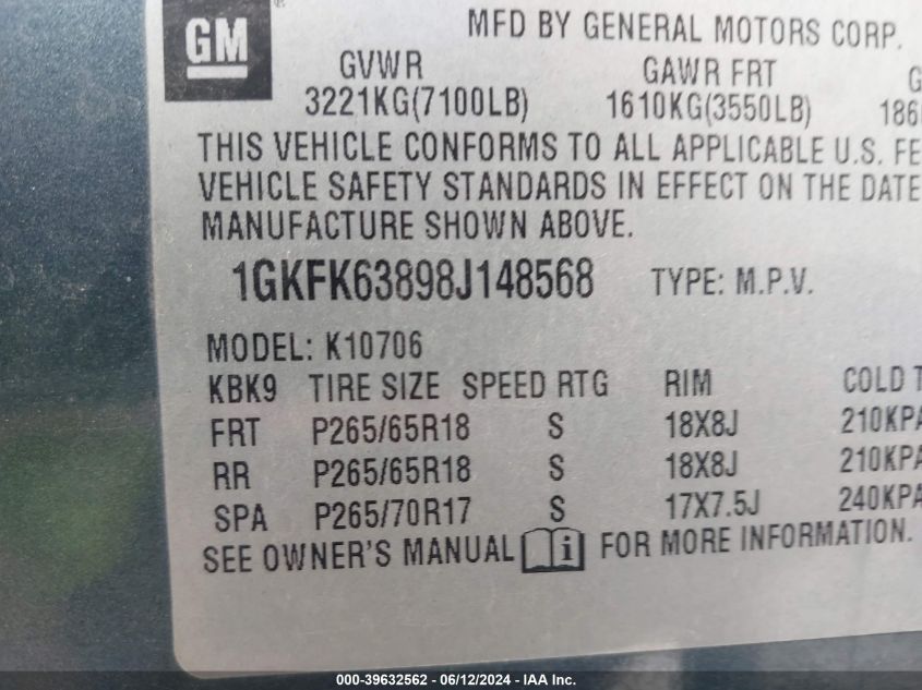 2008 GMC Yukon Denali VIN: 1GKFK63898J148568 Lot: 39632562