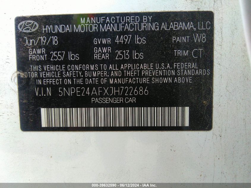 2018 Hyundai Sonata Se VIN: 5NPE24AFXJH722686 Lot: 39632590