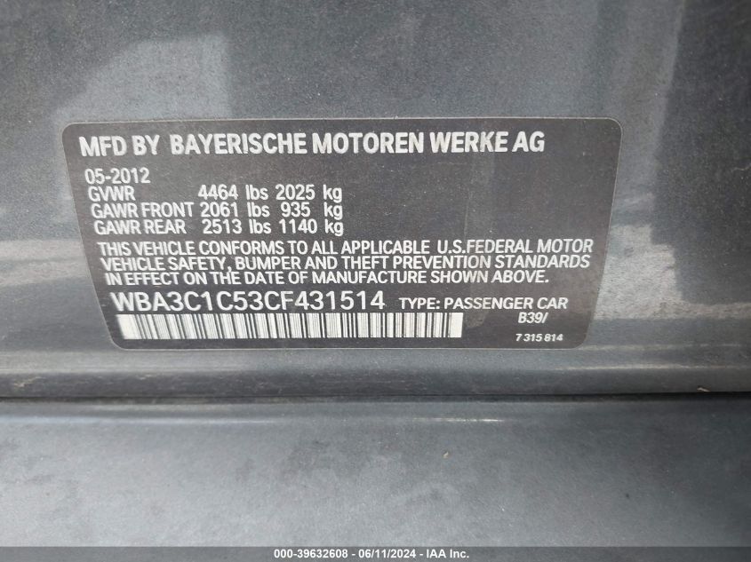 2012 BMW 328I VIN: WBA3C1C53CF431514 Lot: 39632608