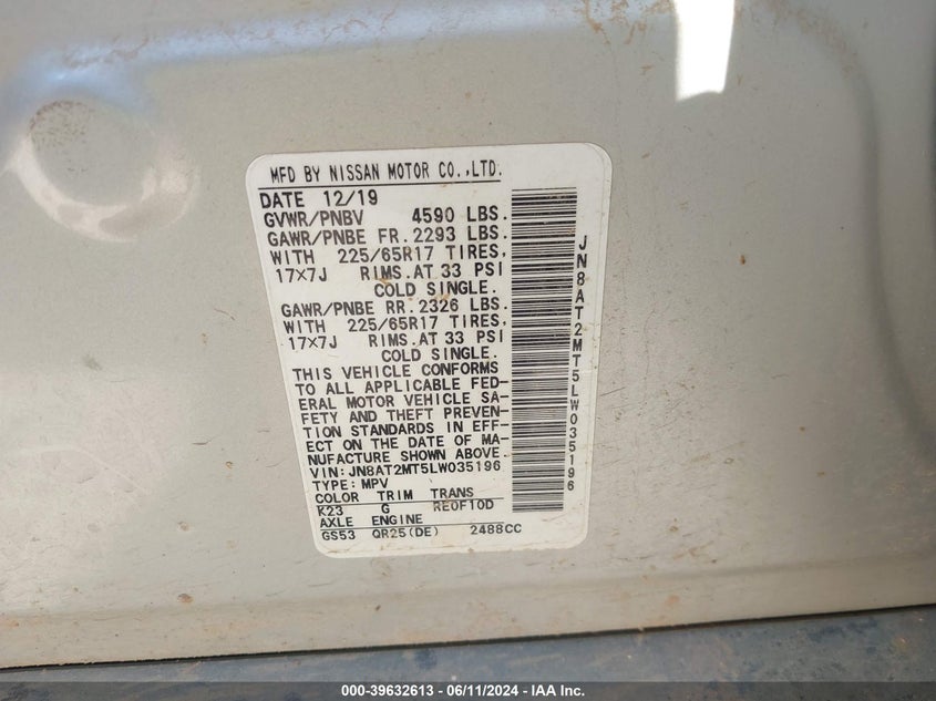 VIN JN8AT2MT5LW035196 2020 NISSAN ROGUE S FWD