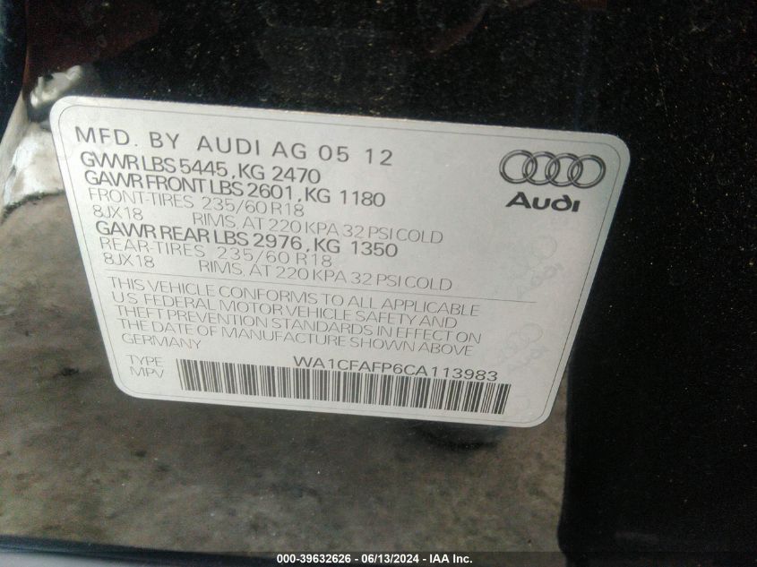 2012 Audi Q5 2.0T Premium VIN: WA1CFAFP6CA113983 Lot: 39632626