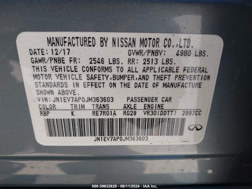 2018 Infiniti Q50 3.0T Luxe VIN: JN1EV7AP0JM363603 Lot: 39632628