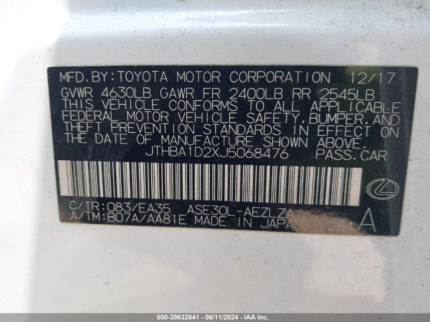 2018 Lexus Is 300 VIN: JTHBA1D2XJ5068476 Lot: 39632641