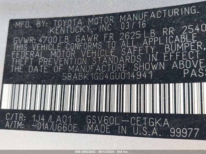 2016 Lexus Es 350 VIN: 58ABK1GG4GU014941 Lot: 39632642