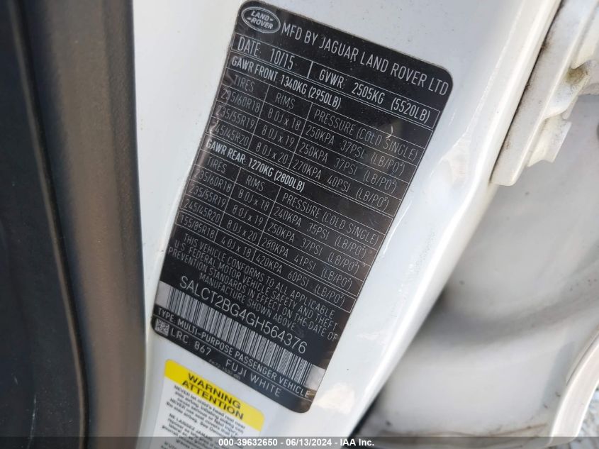 2016 Land Rover Discovery Sport Hse Lux VIN: SALCT2BG4GH564376 Lot: 39632650