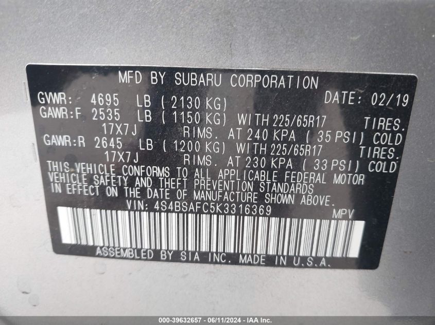 2019 Subaru Outback 2.5I Premium VIN: 4S4BSAFC5K3316369 Lot: 39632657