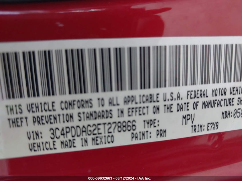 2014 Dodge Journey Se VIN: 3C4PDDAG2ET278866 Lot: 39632663