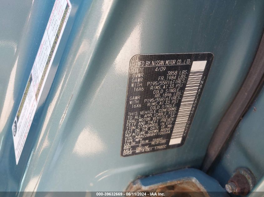 2009 Nissan Cube 1.8Sl VIN: JN8AZ28R89T106544 Lot: 39632669