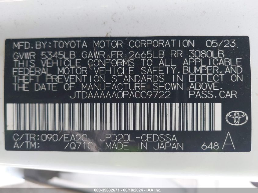 JTDAAAAA0PA009722 2023 Toyota Mirai Xle