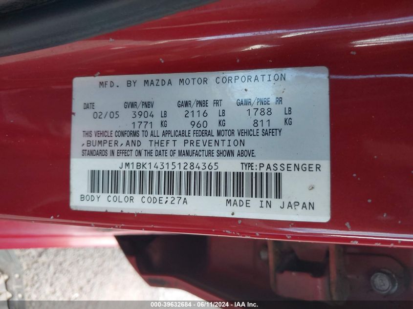 2005 Mazda Mazda3 S VIN: JM1BK143151284365 Lot: 39632684