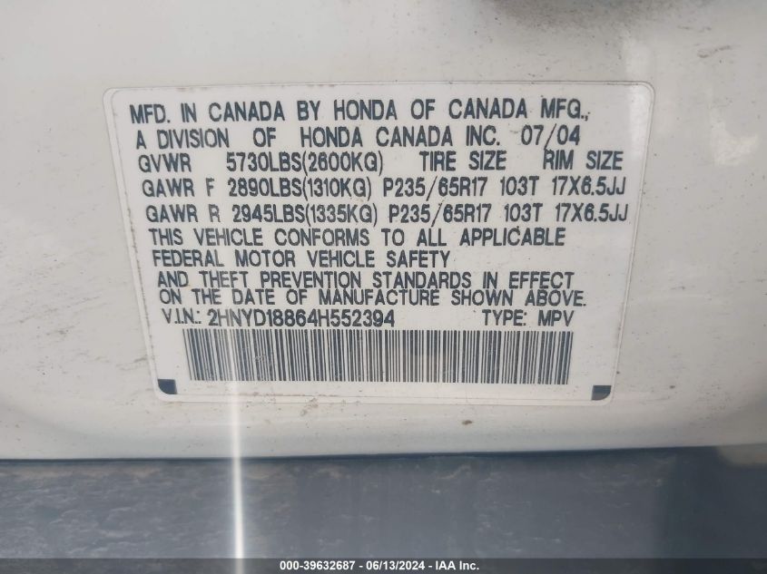 2004 Acura Mdx VIN: 2HNYD18864H552394 Lot: 39632687