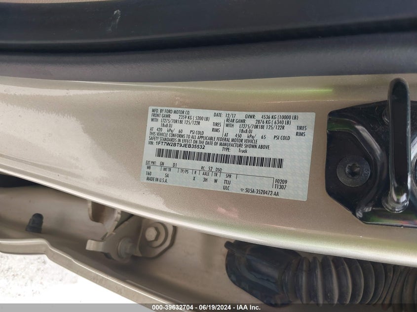 2018 Ford F-250 Lariat VIN: 1FT7W2BT9JEB35532 Lot: 39632704