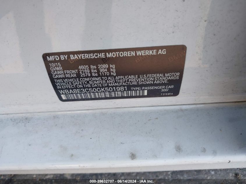 2016 BMW 328I xDrive VIN: WBA8E3C50GK501981 Lot: 39632707