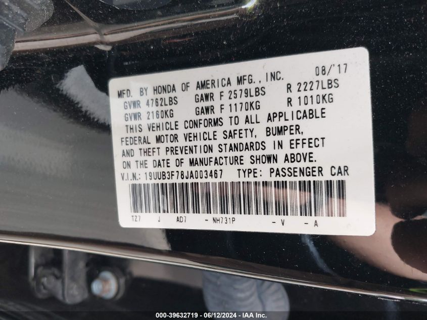 19UUB3F78JA003467 2018 Acura Tlx Advance Pkg