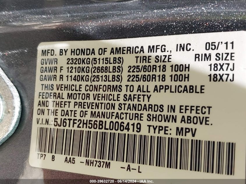 2011 Honda Accord Crosstour Ex-L VIN: 5J6TF2H56BL006419 Lot: 39632720