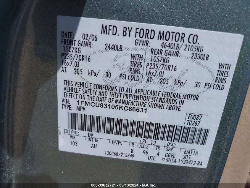 2006 Ford Escape Xlt/Xlt Sport VIN: 1FMCU93106KC86631 Lot: 39632721