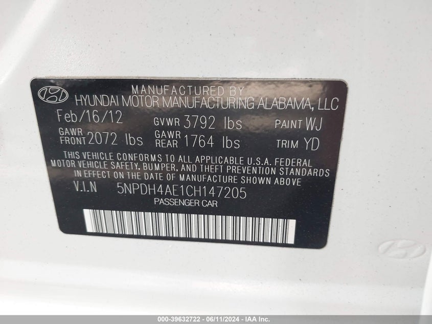 2012 Hyundai Elantra Limited VIN: 5NPDH4AE1CH147205 Lot: 39632722