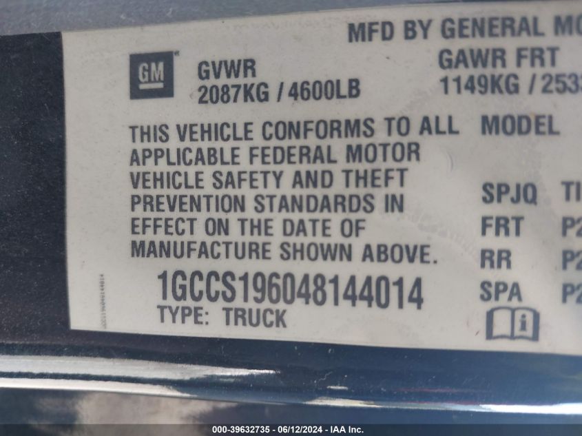 2004 Chevrolet Colorado Ls VIN: 1GCCS196048144014 Lot: 39632735