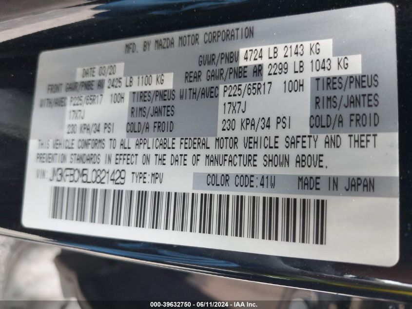 2020 Mazda Cx-5 Touring VIN: JM3KFBCM5L0821429 Lot: 39632750