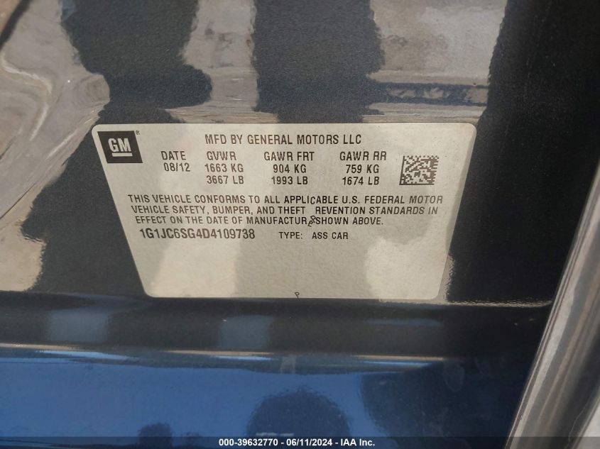 2013 Chevrolet Sonic Lt Auto VIN: 1G1JC6SG4D4109738 Lot: 39632770