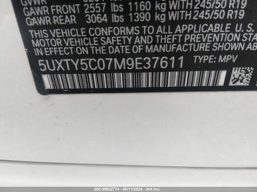 2021 BMW X3 xDrive30I VIN: 5UXTY5C07M9E37611 Lot: 39632774