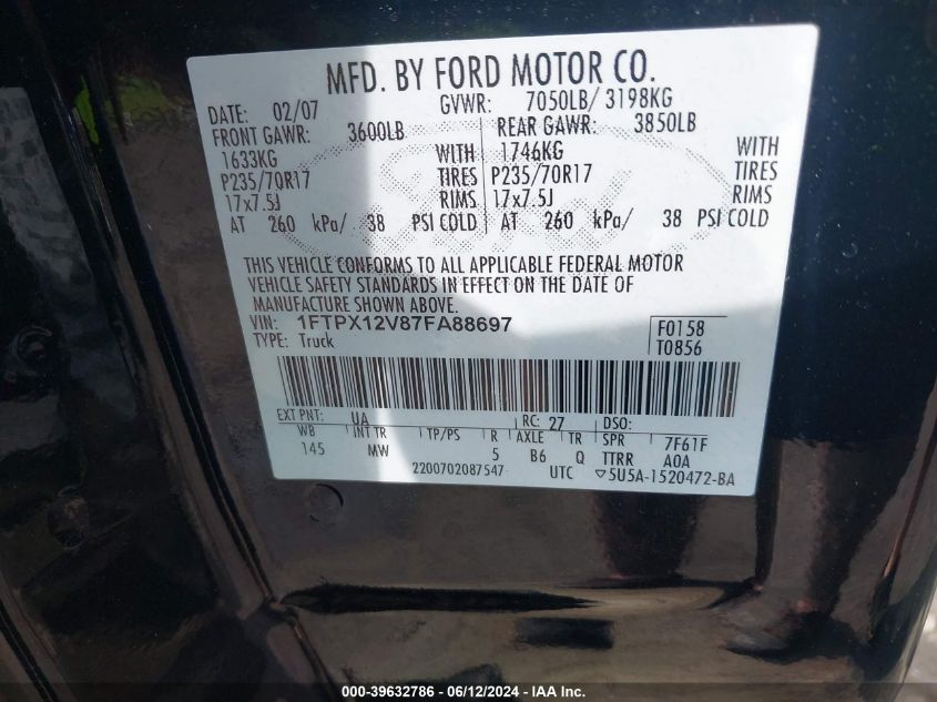 2007 Ford F-150 Lariat/Stx/Xl/Xlt VIN: 1FTPX12V87FA88697 Lot: 39632786