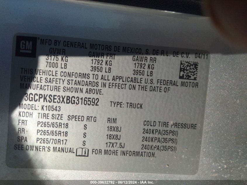 2011 Chevrolet Silverado 1500 Lt VIN: 3GCPKSE3XBG316592 Lot: 39632792