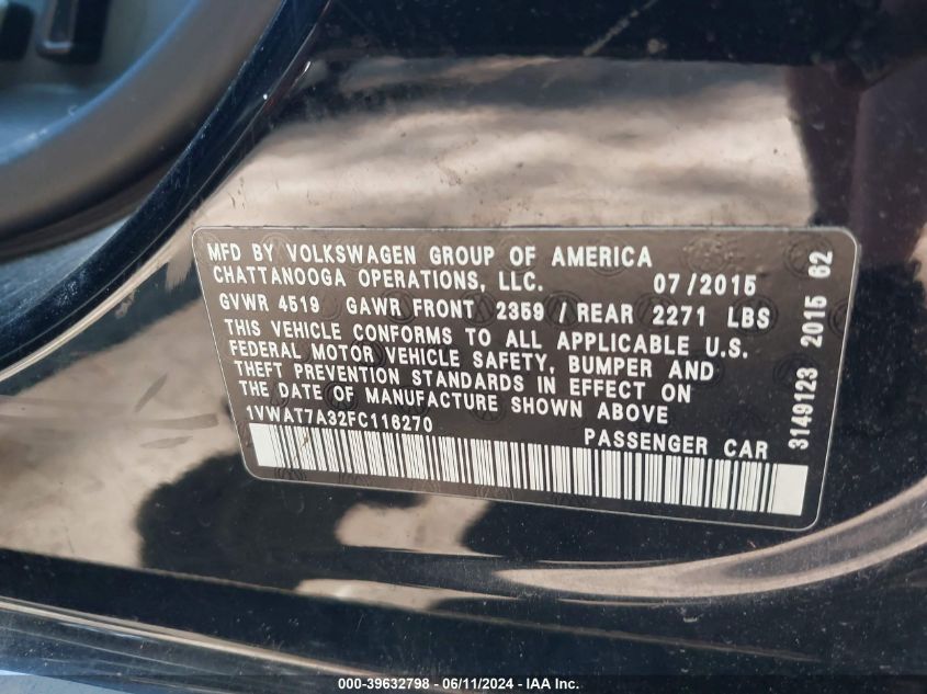 2015 Volkswagen Passat 1.8T Limited Edition VIN: 1VWAT7A32FC116270 Lot: 39632798