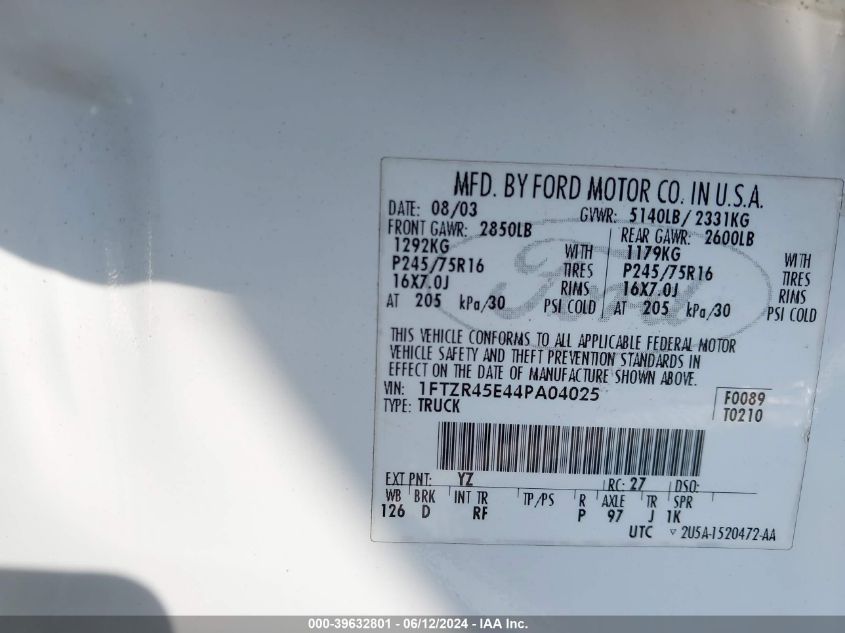 2004 Ford Ranger Edge/Tremor/Xlt VIN: 1FTZR45E44PA04025 Lot: 39632801