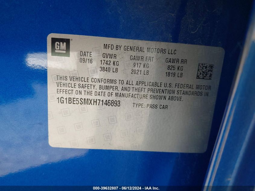 2017 Chevrolet Cruze Lt Auto VIN: 1G1BE5SMXH7146893 Lot: 39632807