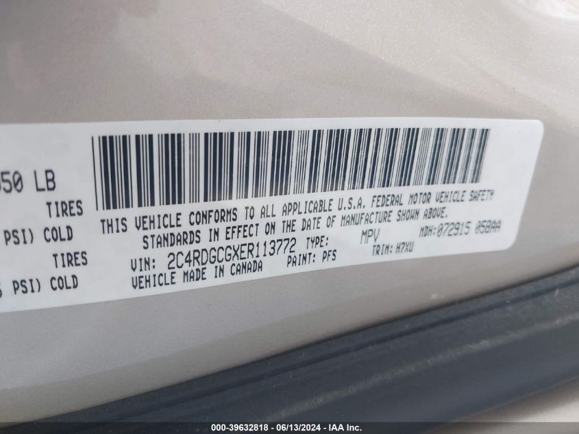 2014 Dodge Grand Caravan Sxt VIN: 2C4RDGCGXER113772 Lot: 39632818