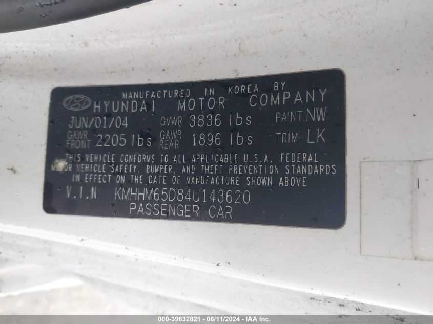 2004 Hyundai Tiburon VIN: KMHHM65D84U143620 Lot: 39632821