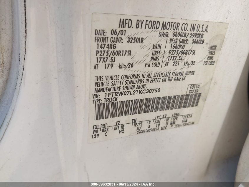 2001 Ford F-150 Harley-Davidson Edition/King Ranch Edition/Lariat/Xlt VIN: 1FTRW07L21KC30750 Lot: 39632831