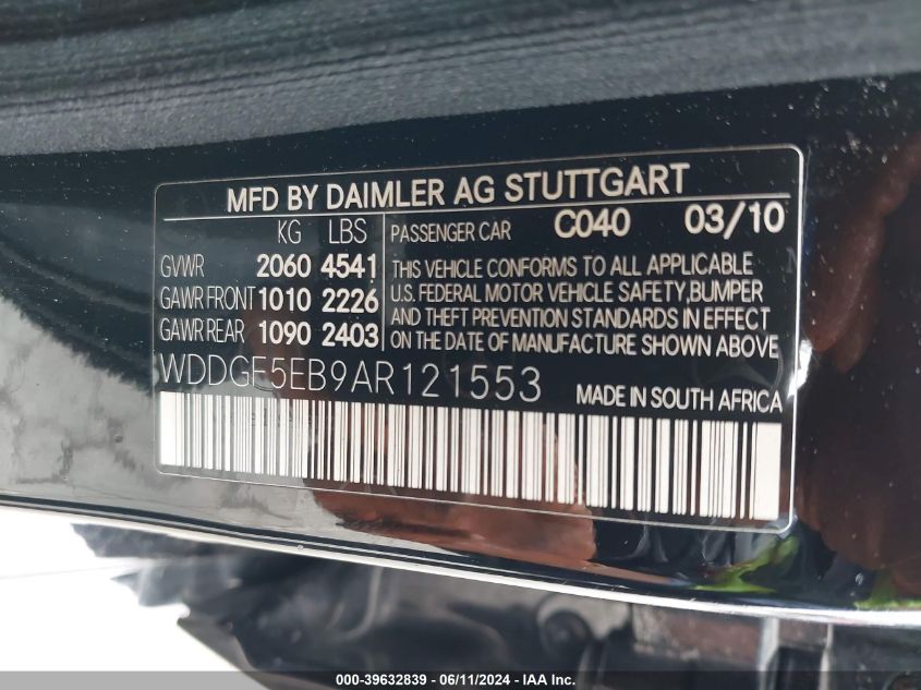 2010 Mercedes-Benz C 300 Luxury/Sport VIN: WDDGF5EB9AR121553 Lot: 39632839