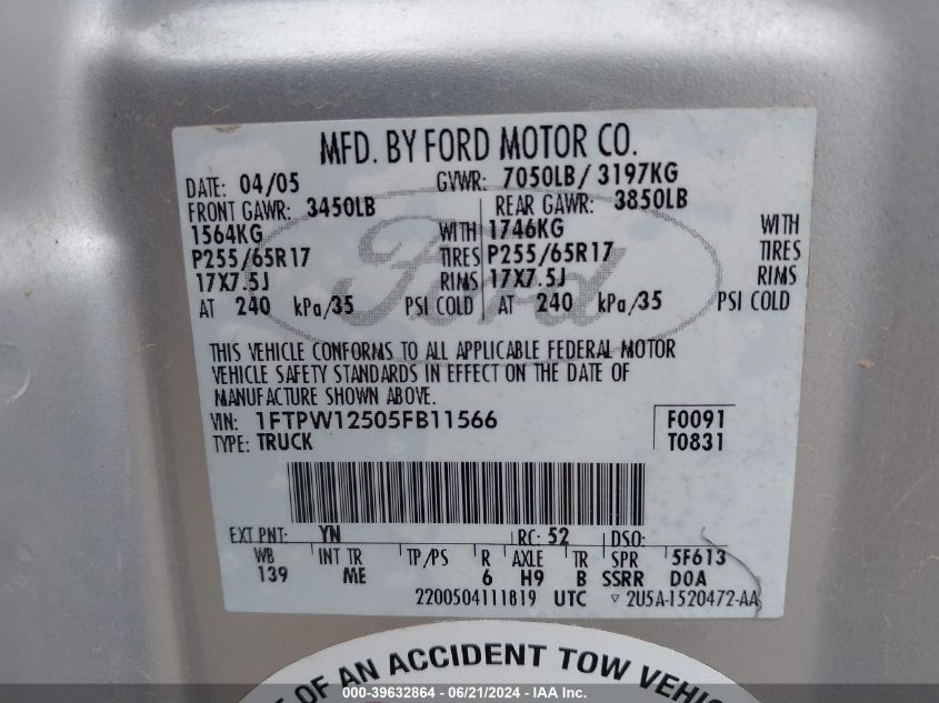 2005 Ford F-150 Lariat/Xlt VIN: 1FTPW12505FB11566 Lot: 39632864