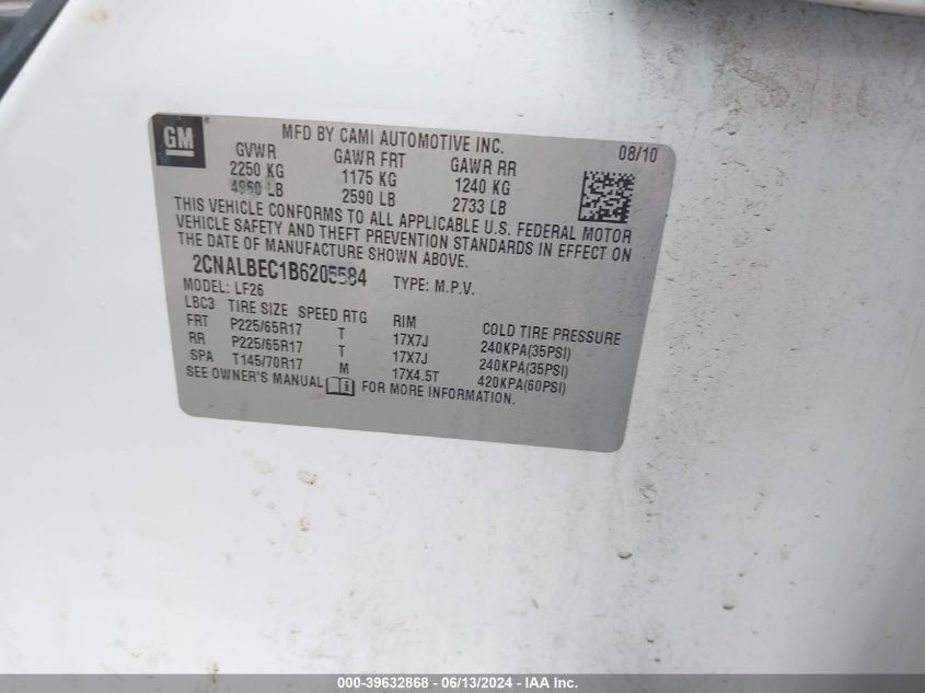 2011 Chevrolet Equinox Ls VIN: 2CNALBEC1B6205584 Lot: 39632868