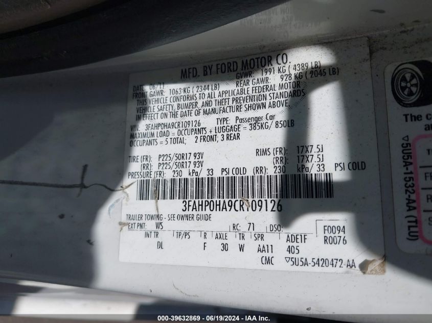 2012 Ford Fusion Se VIN: 3FAHP0HA9CR109126 Lot: 39632869