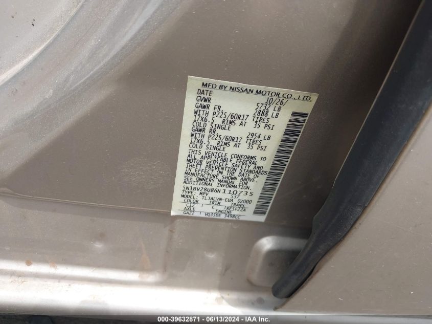 2006 Nissan Quest 3.5 Se VIN: 5N1BV28U86N110735 Lot: 39632871